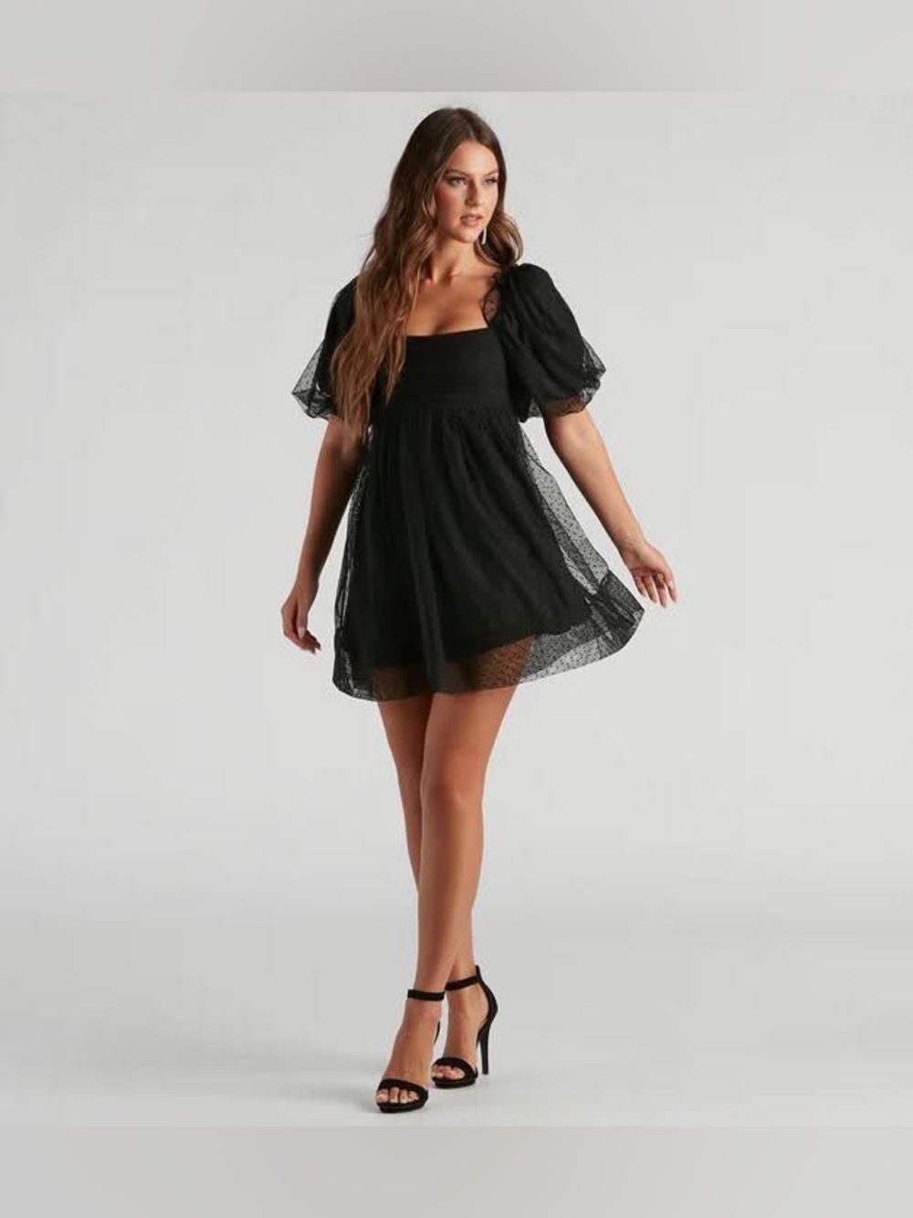 Windsor Black Mini Dress Sheer Puff Sleeves Open Back Bow Size XL